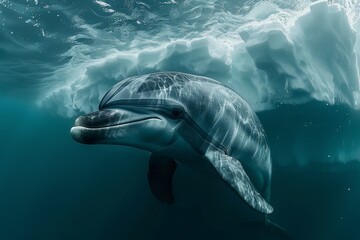 Naklejka premium An underwater portrayal of a solitary dolphin gracefully swimming past a backdrop of towering ice formations