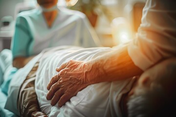 Tender moment as a caregiver's hand holds an elderly patient's hand in a hospital setting, conveying compassion and support.