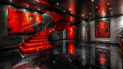 Contemporary entrance hall with a fiery red staircase high gloss black floors and dramatic red and black artwork