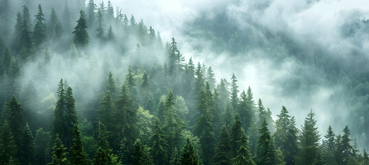 A panoramic view of a misty coniferous forest with towering fir trees enveloped in fog, creating a mystical atmosphere