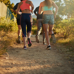 Friends, group and mountain running on trail or exercise in California for workout, training or...