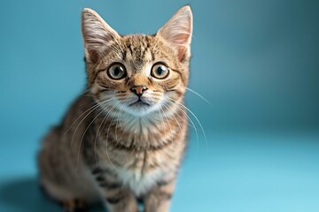 Cute tabby kitten sitting on blue background with copy space