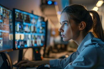 Fototapeta premium Woman Monitoring Multiple Monitors