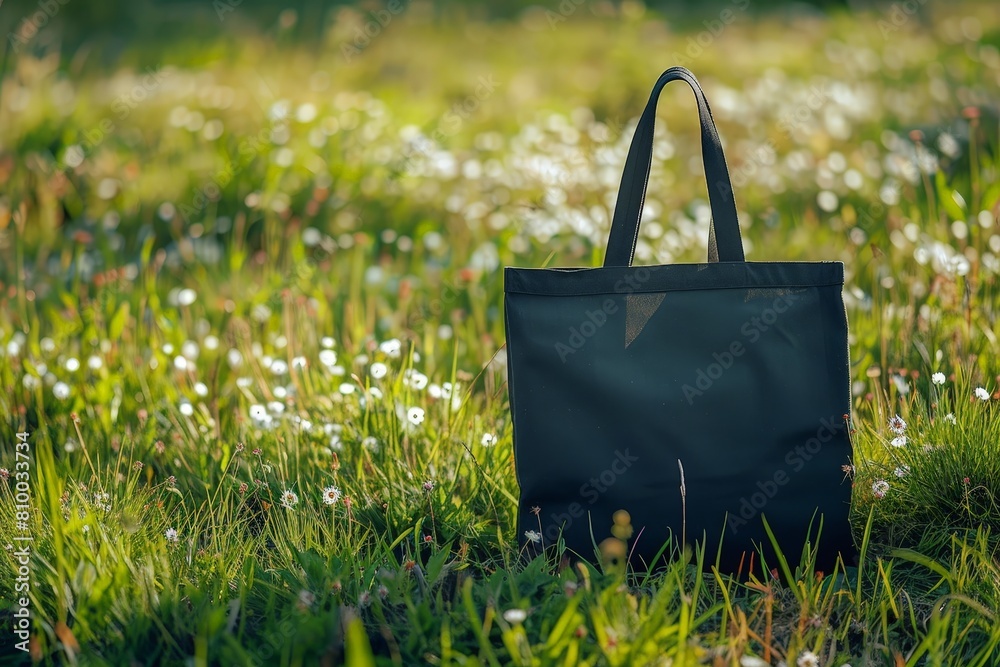 Wall mural mockup of a black tote bag laying on grass, black cotton or mesh eco bag on green grass.