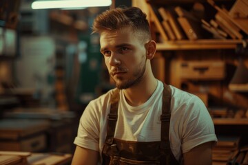 A man sitting in a woodworking shop, suitable for carpentry and DIY projects