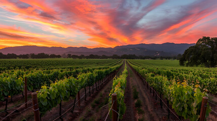 Naklejka premium A panoramic view of a vineyard at sunset, the sky painted with strokes of orange and pink above neatly arranged vines