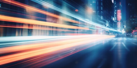 City Street Life In Motion. Urban Light Speed. Vibrant Street Light Trails, Long Exposure. Generative AI
