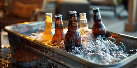 beer bottles chilling in a metal cooler filled with ice.