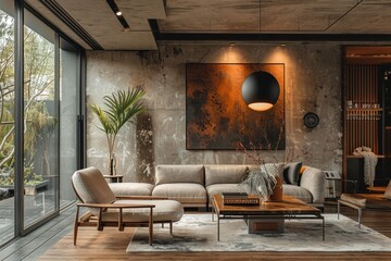 A well-composed image of a chic living room with high-end furniture and artistic wall decor