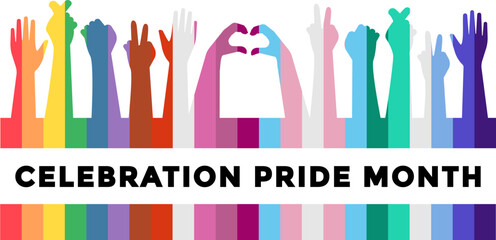 Vector illustration with raised hands  in lgbtq+ rainbow colours celebrating pride month. LGBTQ+ concept 