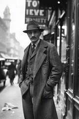 Naklejka premium Man in Suit and Hat Standing on City Street