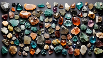 Collection of various gemstones and minerals neatly laid out on a gray background. Top view.

