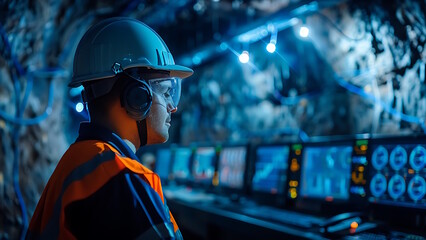 Worker wearing safety clothing monitor mining activities.