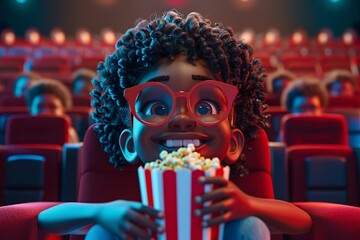 Child Wearing Glasses Eating Popcorn in Movie Theater, illustration cartoon