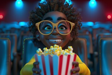 Child Wearing Glasses Eating Popcorn in Movie Theater, illustration cartoon