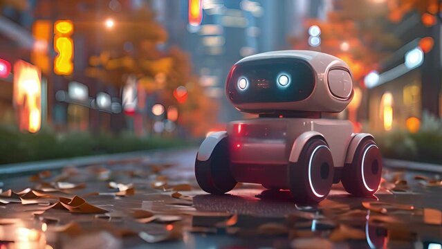 A small robot traverses a cobblestone street lined with fallen leaves.