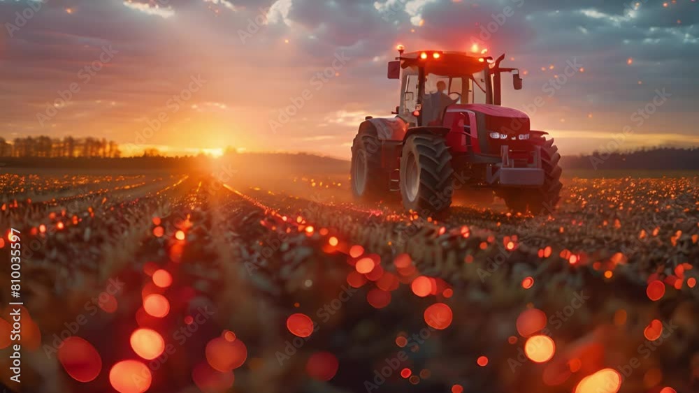 Poster a tractor at work in a field as the sun sets in the background, creating a beautiful rural scene.