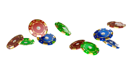 Scattered casino chips on transparent background