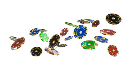 Falling casino chips isolated on transparent background