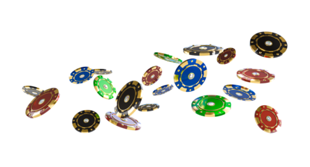 Falling casino chips isolated on transparent background