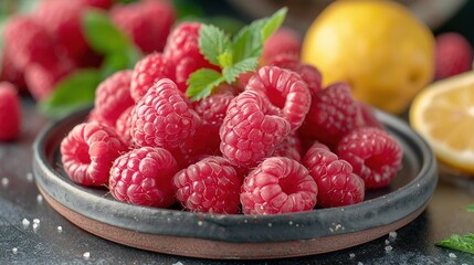   Close-up of a plate of raspberries on a table with lemons and limes in the background