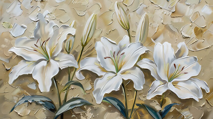 A painting of three white flowers with green stems