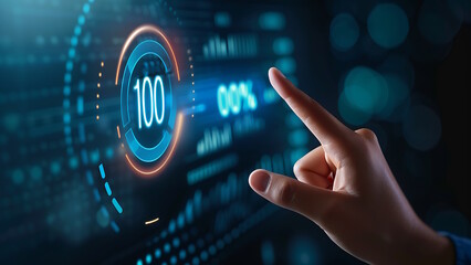 Hand touching 100 percent icon on virtual screen. Timeline to a successful project.