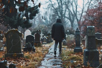Man Walking Through Cemetery