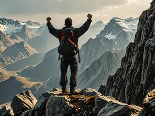 a climber on top of a mountain, his fists raised in victory. Proud to have reached the summit