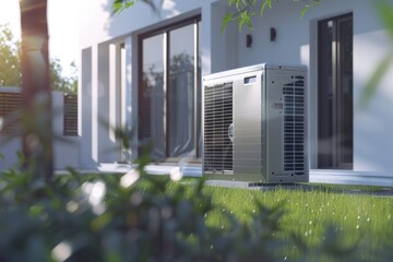 A large air conditioner placed on a lush green field. Suitable for industrial and environmental themes