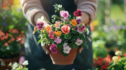 Gardener presenting a pot of vibrant pansies