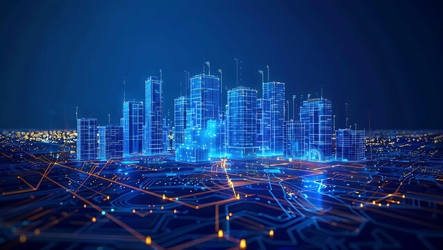Smart city and abstract lines and dots connected with gradient lines design, Modern city concept.