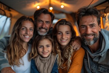 A happy family of five shares a heartwarming moment inside a well-lit camping tent, showcasing...