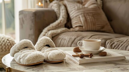 Cozy winter relaxation setup with plush slippers, a warm cup of tea, and a five-minute journal on a marble table.