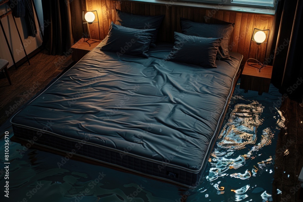 Poster a bed placed in a room next to a window. suitable for interior design concepts