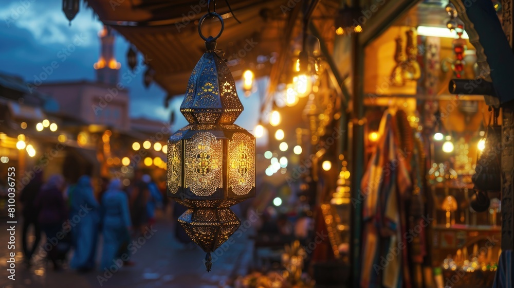 Poster a lantern hanging from the ceiling in a market. suitable for interior design concepts