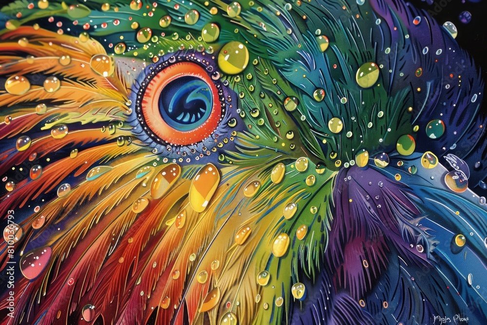 Poster close up of a colorful bird with water droplets. ideal for nature and wildlife themes