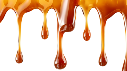 Dripping Melted caramel sauce drops isolated on white background , png transparent