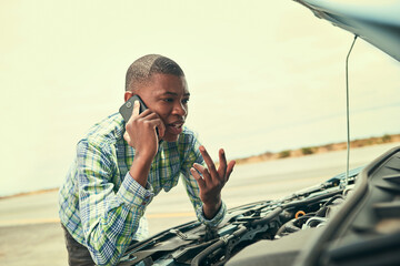 Man, talking and phone call for car problem on road, app and roadside assistance for auto service....