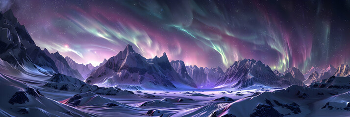 A panoramic view of the magnetosphere disturbances causing a spectacular aurora borealis over a snowy mountain range