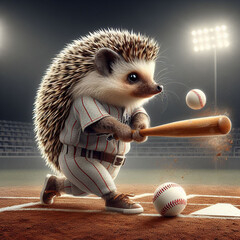 Hedgehog baseball player hits the ball with a bat