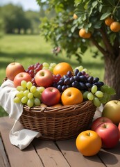 A wicker basket filled with various fresh fruits including apples, oranges, grapes, and berries on a table outdoors with a blurred green background