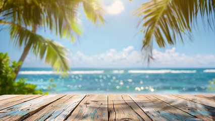 Fototapeta premium Wood table with blurred sea and coconut tree background. Concept of beach in summer.