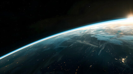 A panoramic view of the Earth's curve with a thin blue line of the ionosphere glowing at the edge, as seen from space