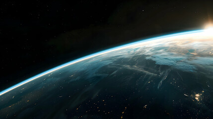 Obraz premium A panoramic view of the Earth's curve with a thin blue line of the ionosphere glowing at the edge, as seen from space