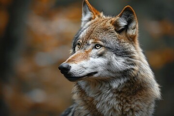 Portrait of a wolf in the autumn forest, close-up