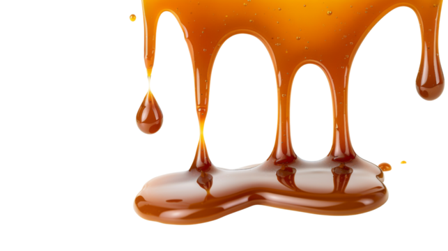 Dripping Melted caramel sauce drops isolated on white background , png transparent