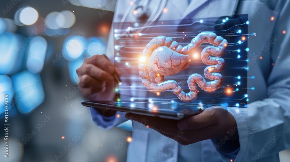 Poster a person in a lab coat holding a tablet, suitable for science and technology concepts