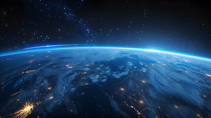 A panoramic view of the Earth's curve with a thin blue line of the ionosphere glowing at the edge, as seen from space