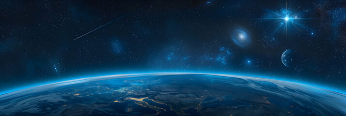 A panoramic view of the Earth's curvature with the thin blue line of the thermosphere visible, under a star-filled sky